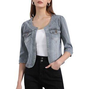 Women's Jean Jacket Slim Fit Casual Denim Jacket 3/4 Sleeves Outwear Gray
